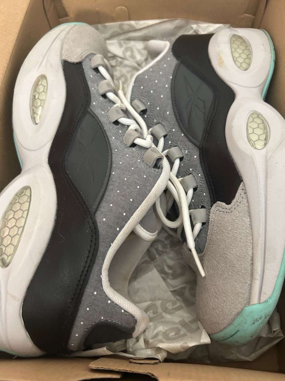 Reebok Gray and Black Polka Dot Low-Top Sneakers with Mint Accent